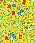 Playful Alphabet Yellow Cartoon Scene Rug