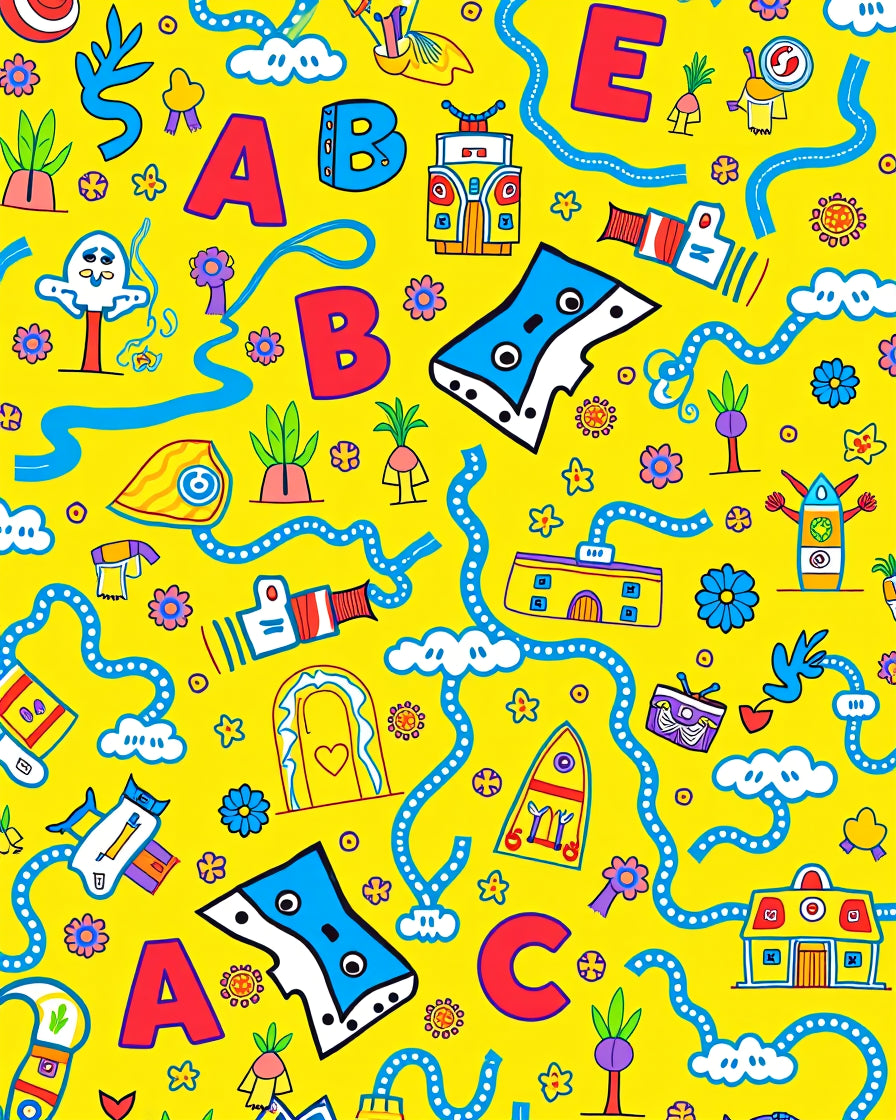 Playful Alphabet Yellow Cartoon Scene Rug