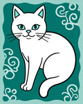 Whimsical White Cat Teal Swirls Rug