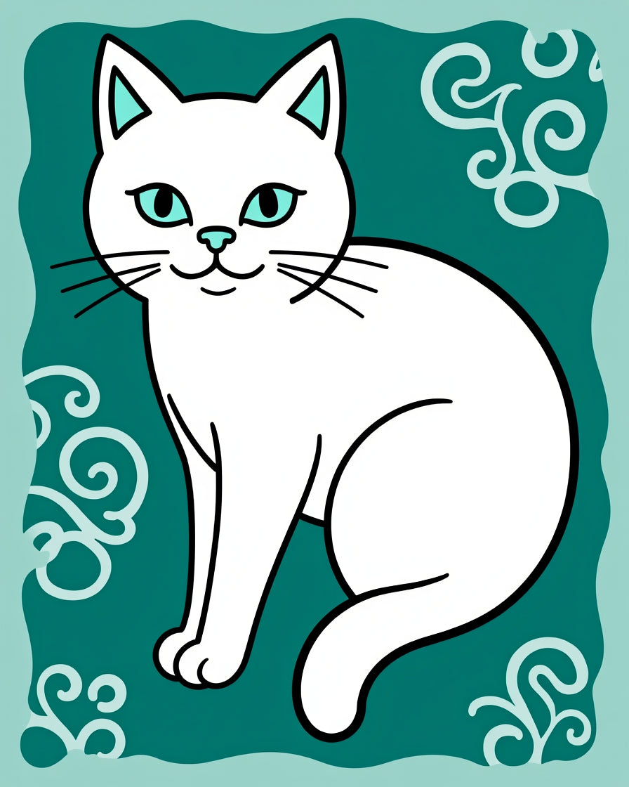 Whimsical White Cat Teal Swirls Rug