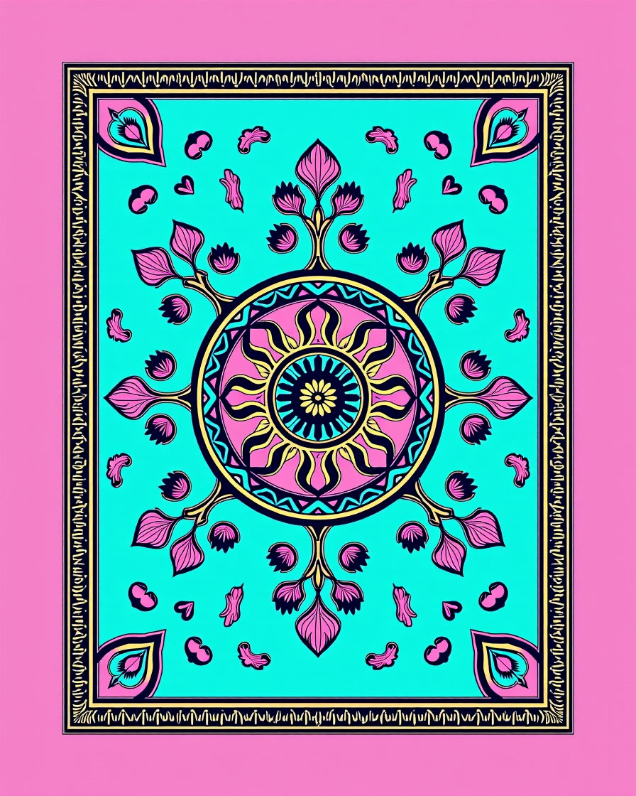 Turquoise Pink Yellow Mandala Sun Rug