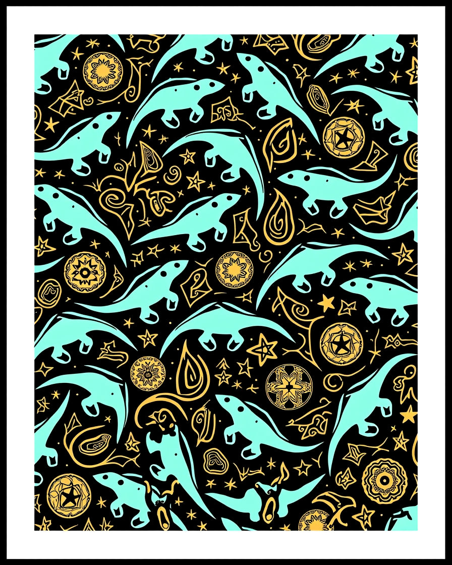 Teal Dinosaur Whimsical Yellow Ornate Rug