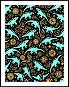 Teal Dinosaur Whimsical Yellow Ornate Rug