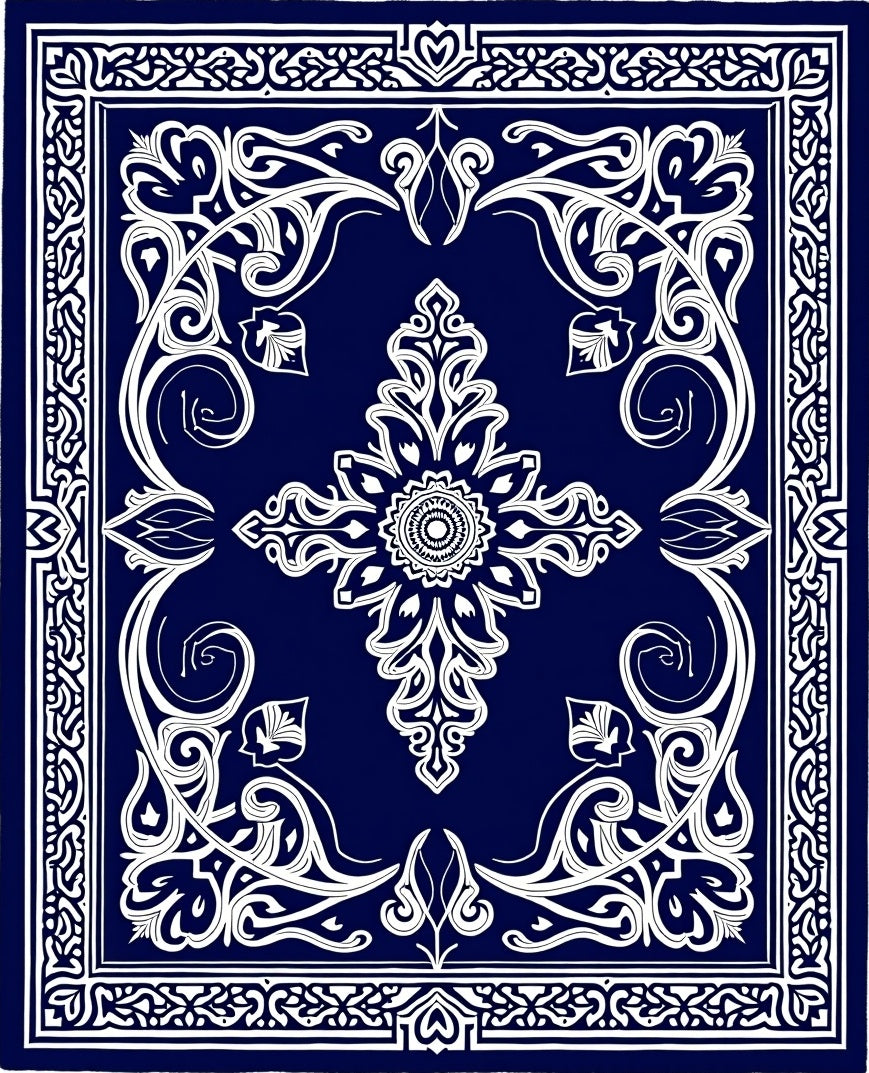 Dark Blue White Floral Medallion Tapestry Rug