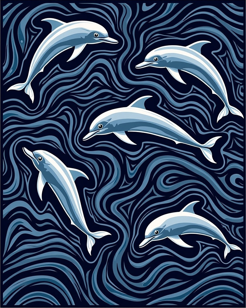 Ocean Dolphins Swirling Navy Waves Rug
