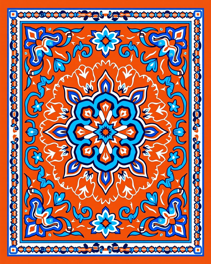 Terracotta Orange Blue Floral Medallion Splash Rug