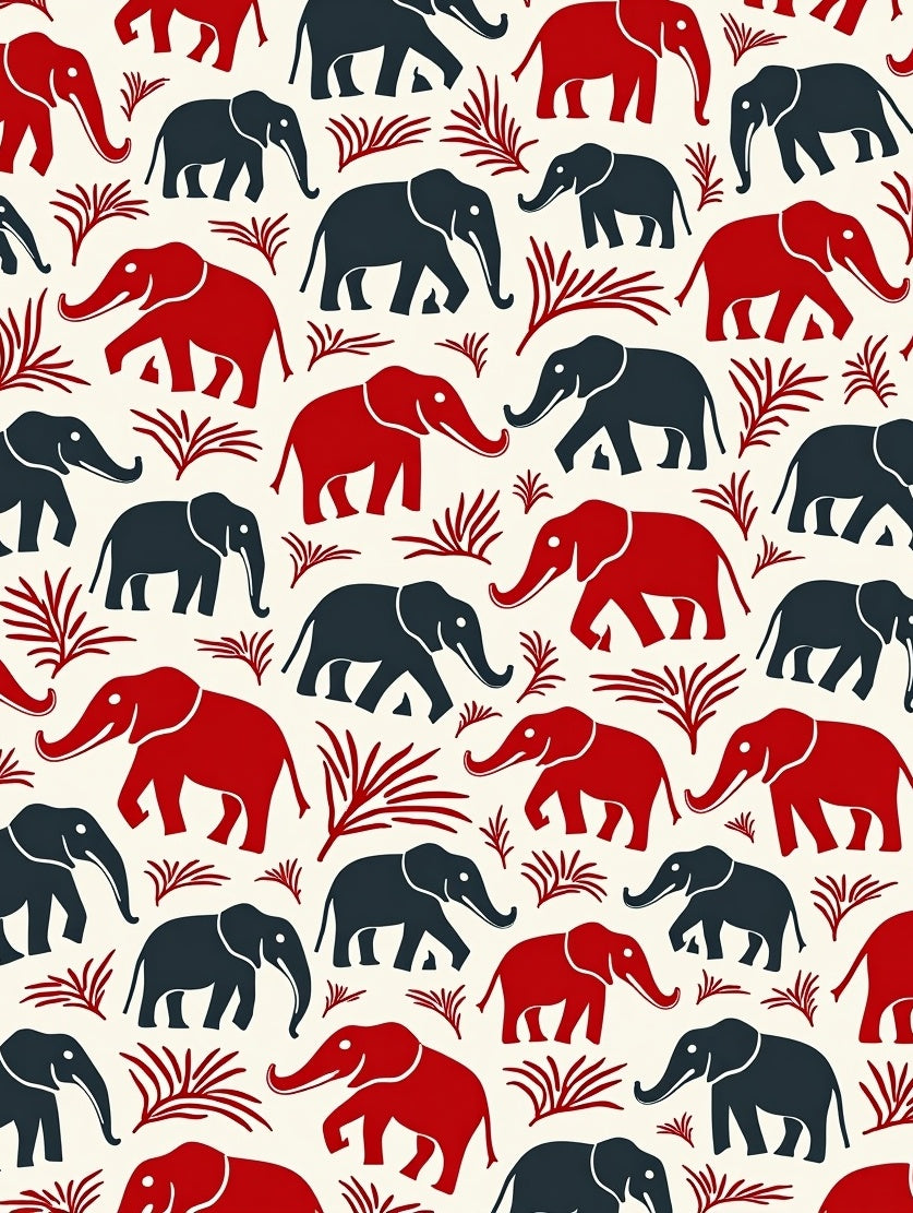 Red And Navy Elephants On Cream Rug
