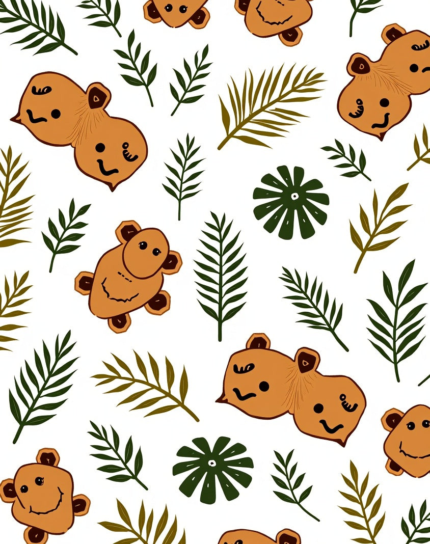 Charming Brown Bear Jungle Leaves Rug