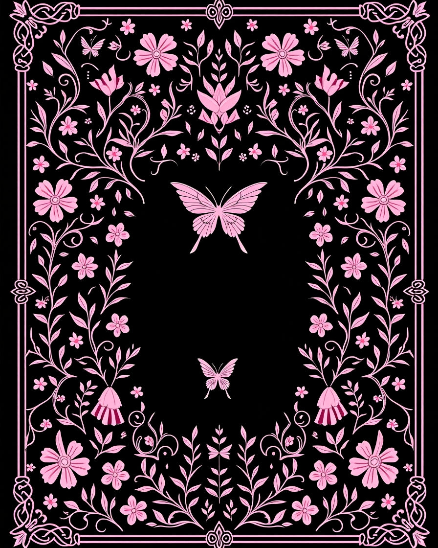 Whimsical Pink Butterfly Floral Border Rug