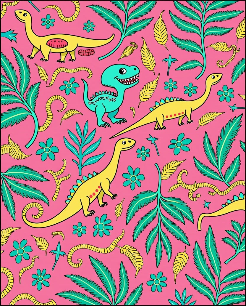 Fun Yellow Dinosaurs Tropical Pink Jungle Rug