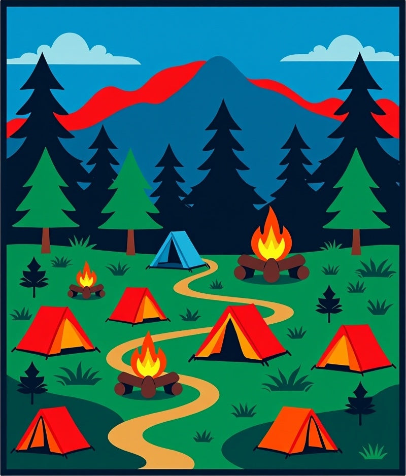 Vibrant Camping Scene Forest Mountains Rug