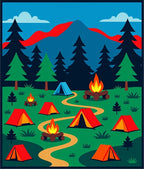 Vibrant Camping Scene Forest Mountains Rug