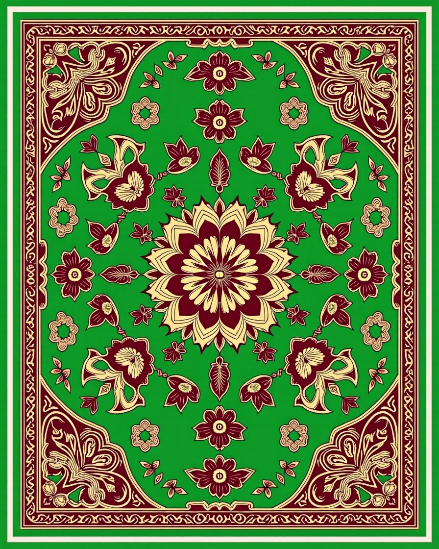 Emerald Green Burgundy Floral Medallion Rug