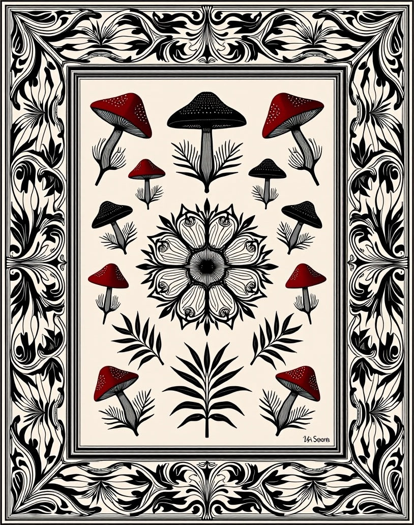 Crimson Black Mushroom Floral Frame Rug