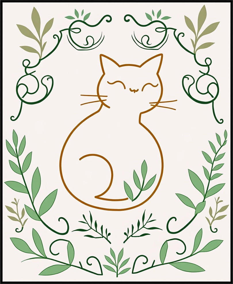 Charming Brown Cat Green Foliage Border Rug