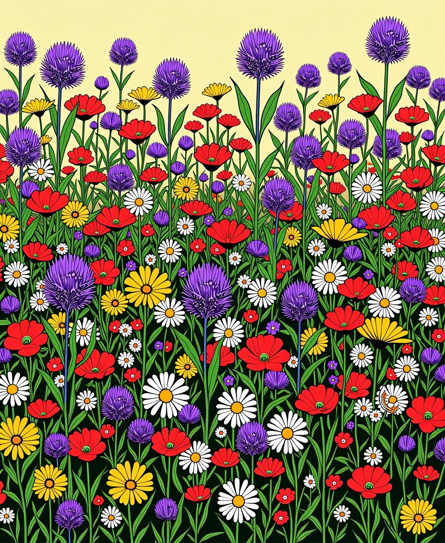 Vibrant Red Purple Yellow Daisy Field Rug