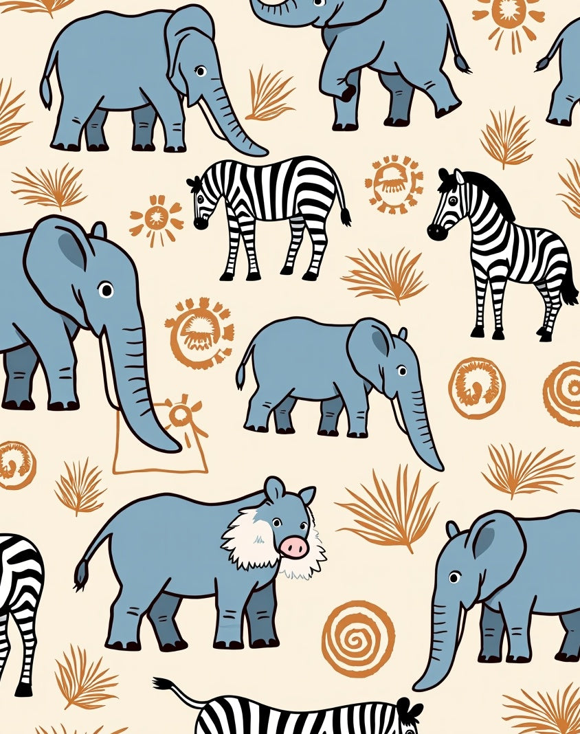 Blue Elephant Zebra Savannah Scene Rug