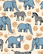 Blue Elephant Zebra Savannah Scene Rug