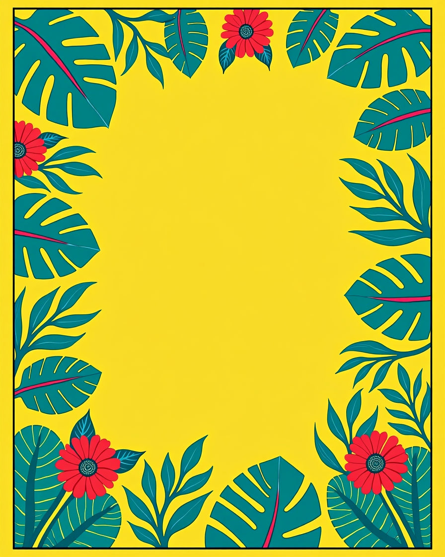 Tropical Red Flower Teal Leaf Frame Rug