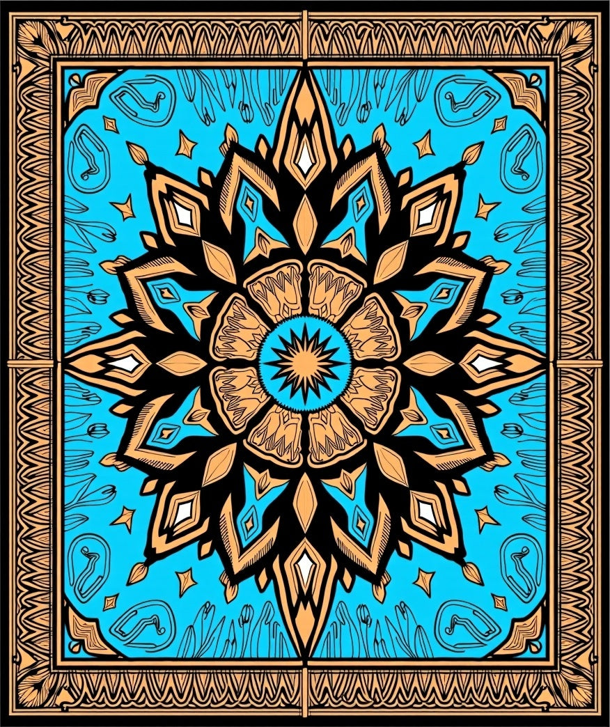 Golden Teal Mandala Floral Border Rug