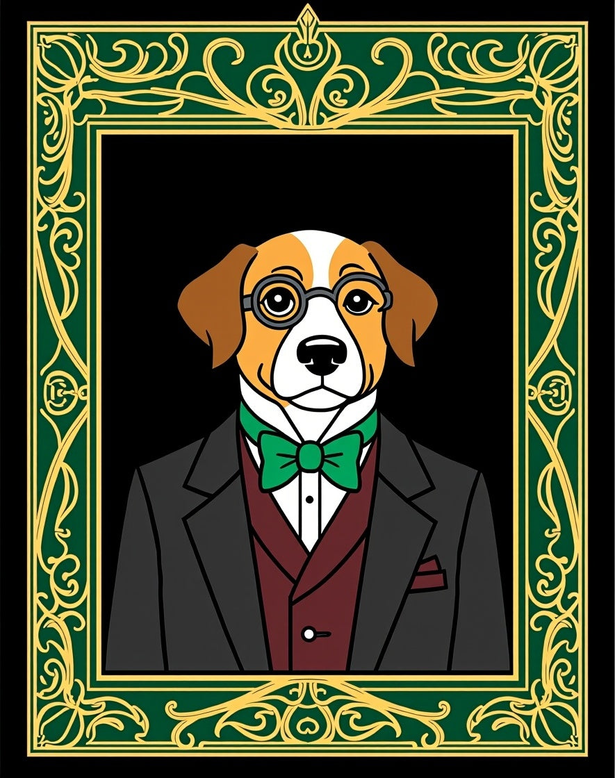 Dapper Dog Portrait Green Gold Frame Rug