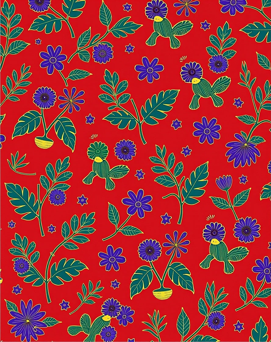 Crimson Red Floral Bird Garden Rug