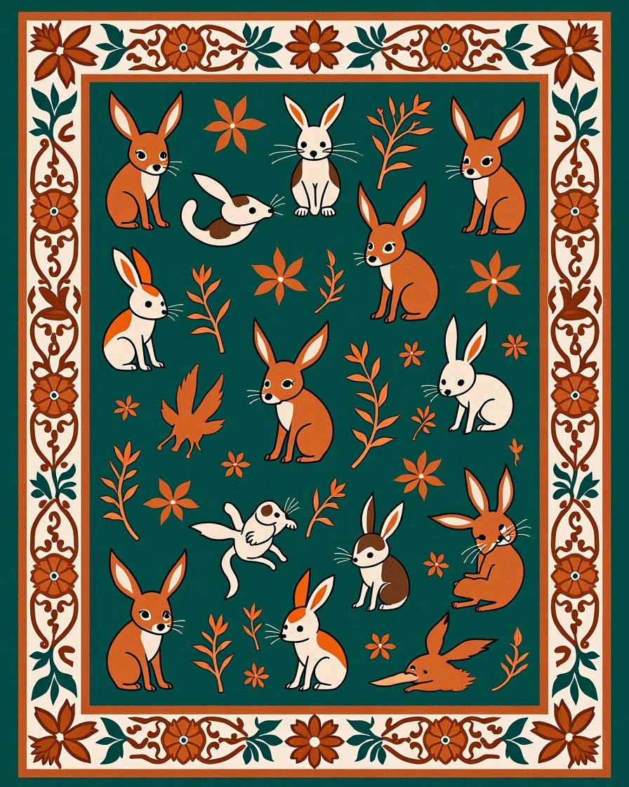 Whimsical Rabbits Emerald Border Rug