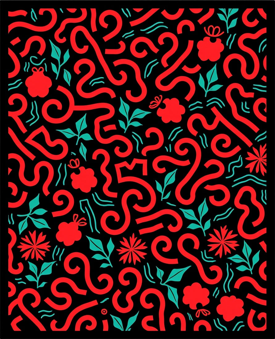 Coral Swirl Floral Botanical Black Rug