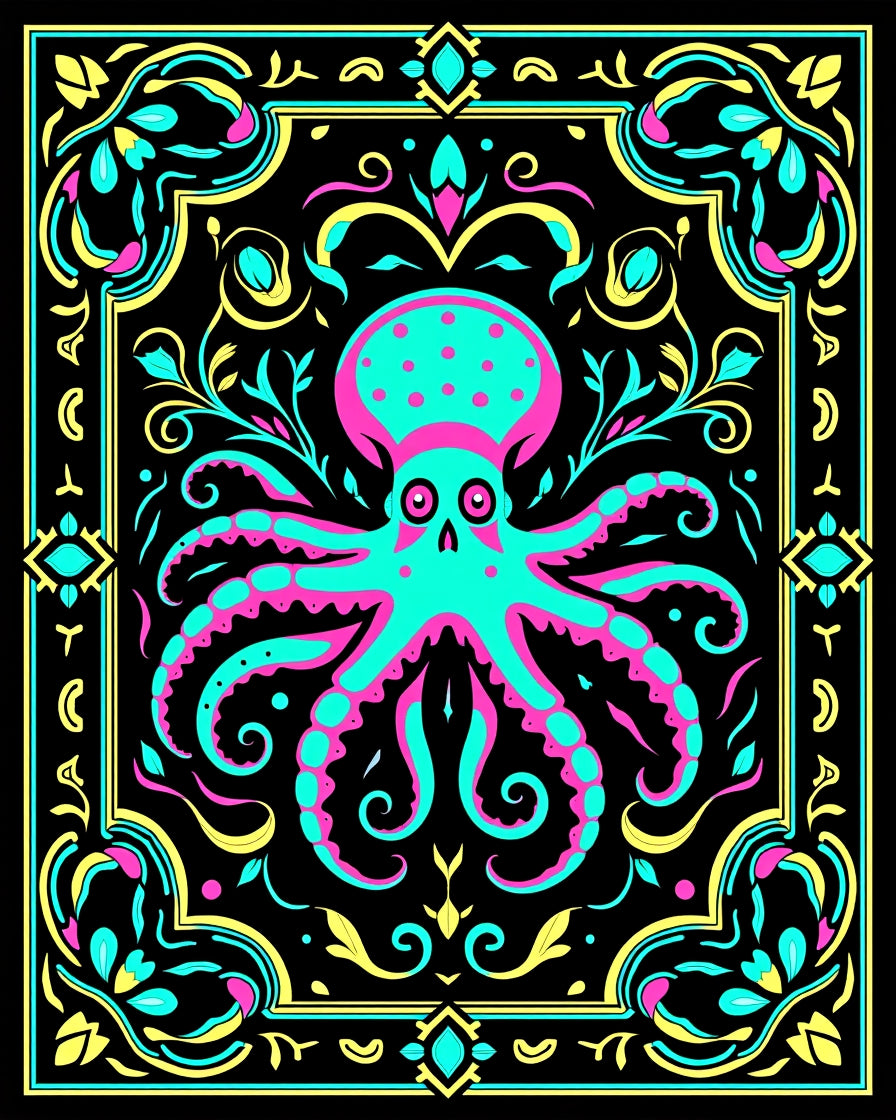 Vibrant Neon Octopus Floral Frame Rug