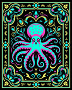 Vibrant Neon Octopus Floral Frame Rug