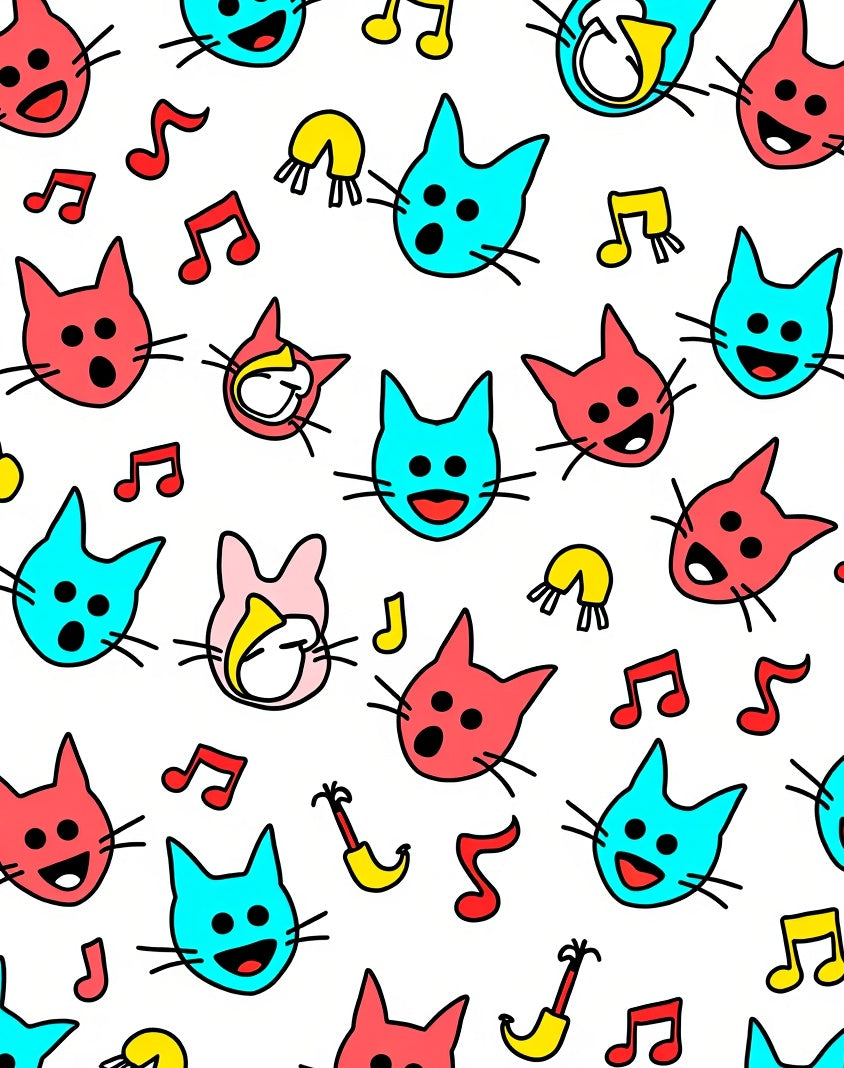 Playful Red Blue Cats Music Notes Rug
