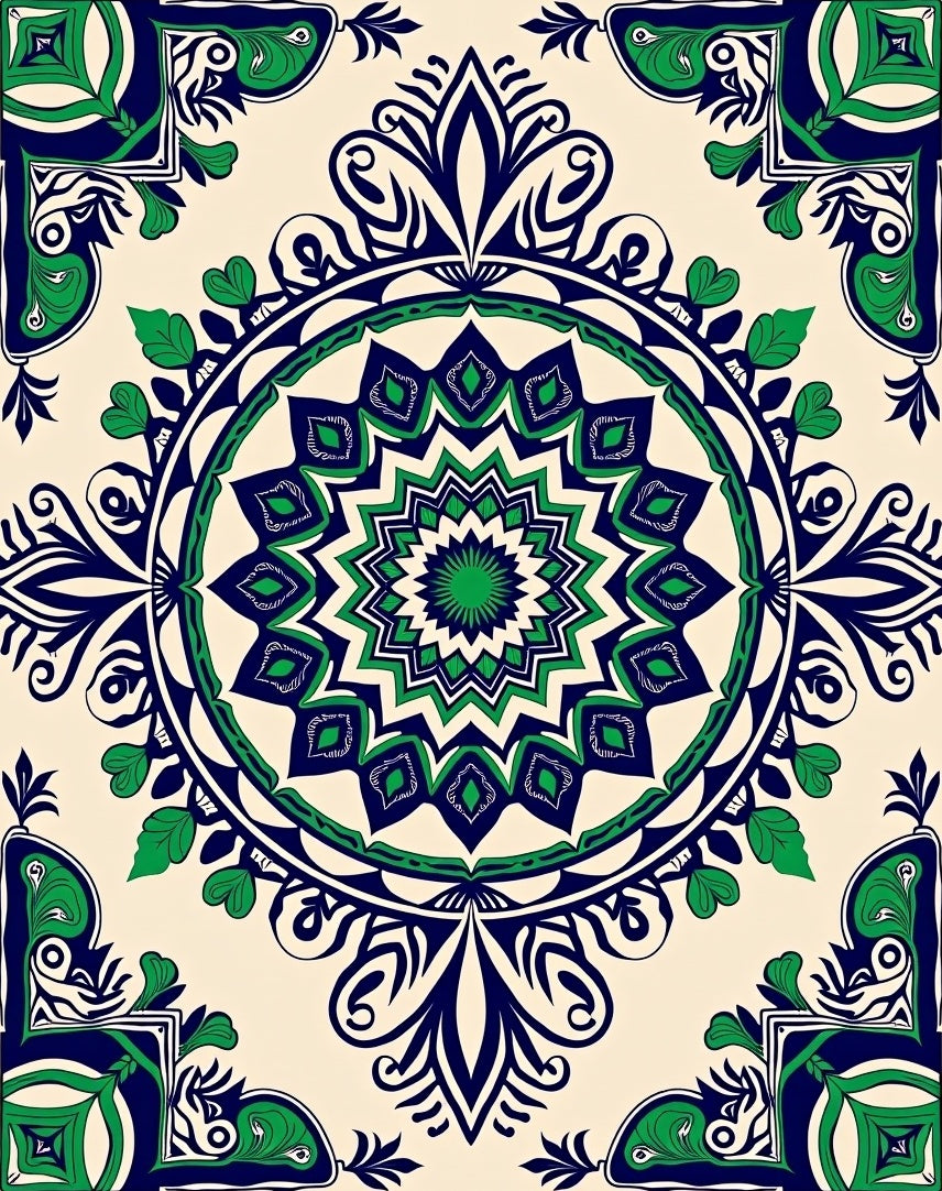 Ornate Green and Navy Floral Medallion Rug