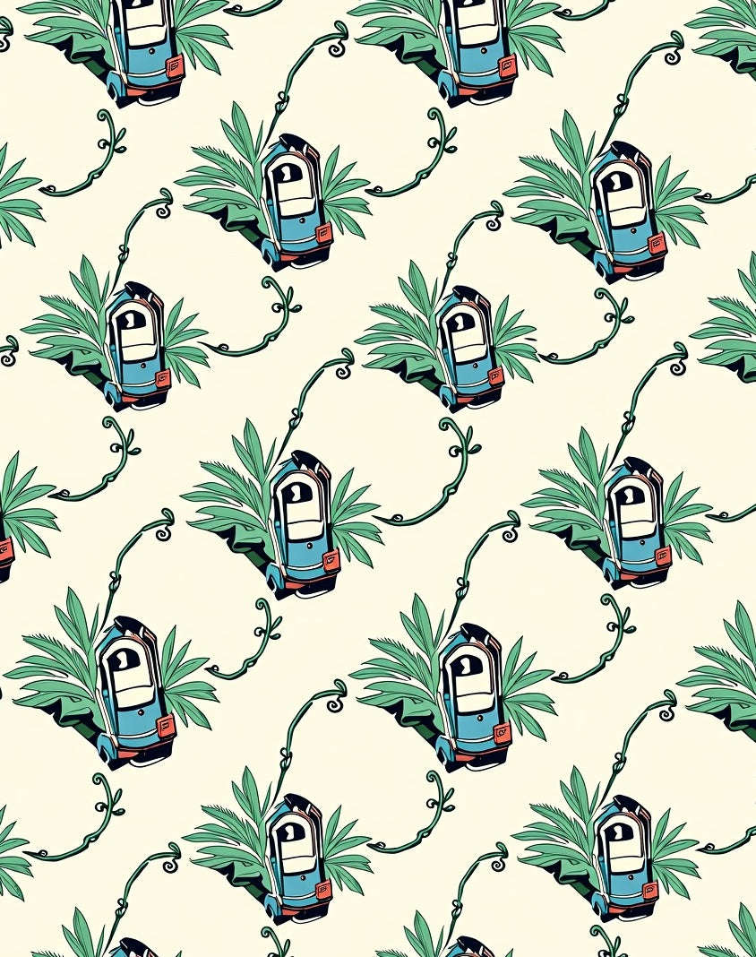Automobile And Tropical Leaves Repeating Rug