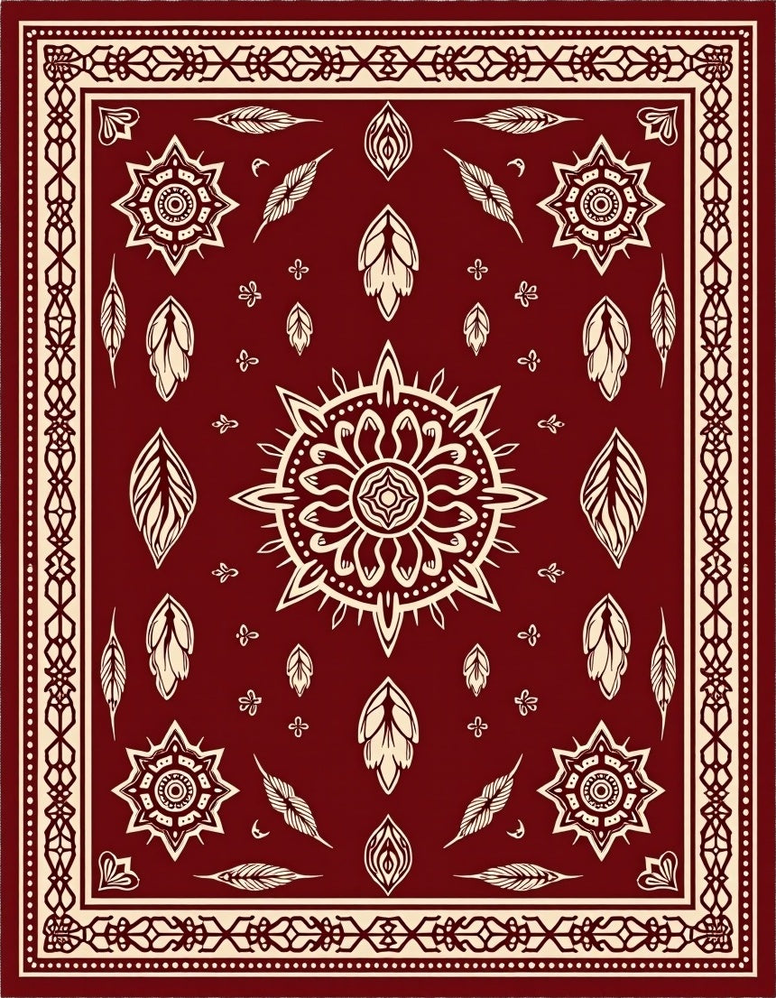 Deep Red Tribal Feather Mandala Rug