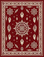 Deep Red Tribal Feather Mandala Rug