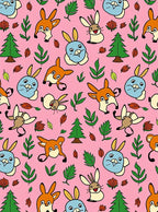 Whimsical Woodland Creatures Pink Background Rug