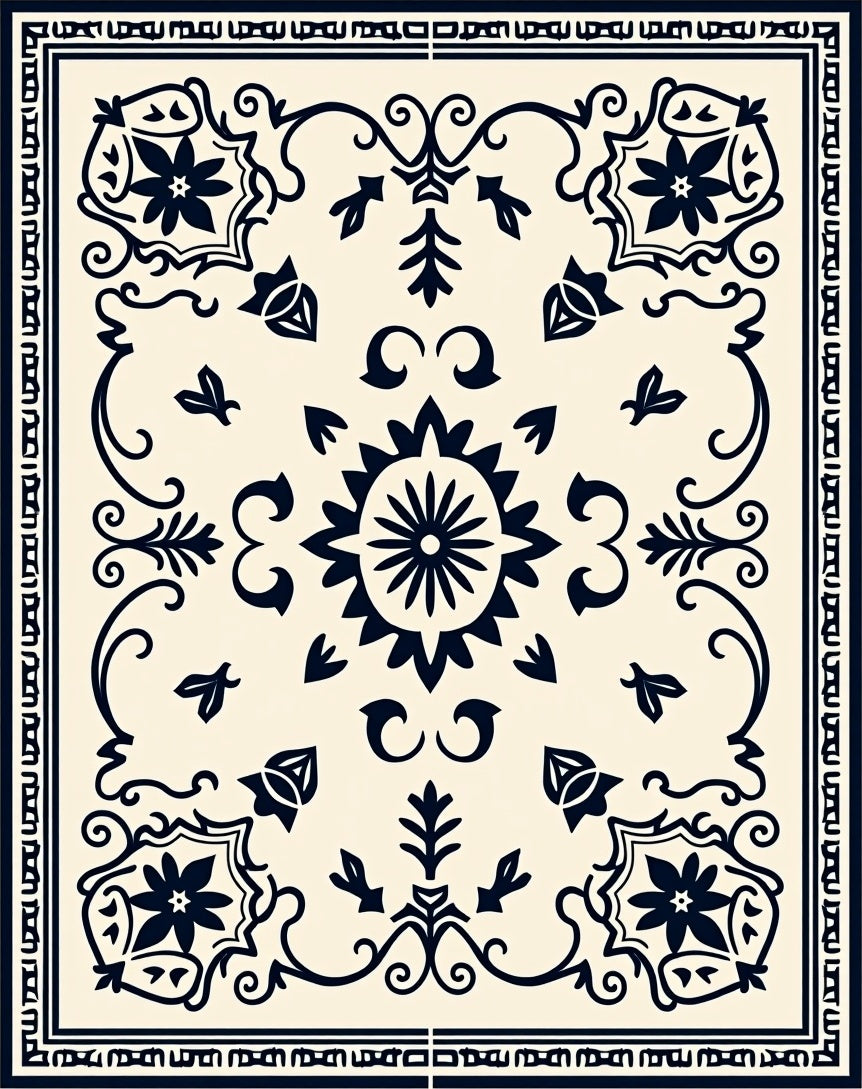 Classic Navy Floral Medallion Cream Rug