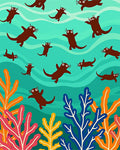 Playful Brown Otters Underwater Coral Garden Rug