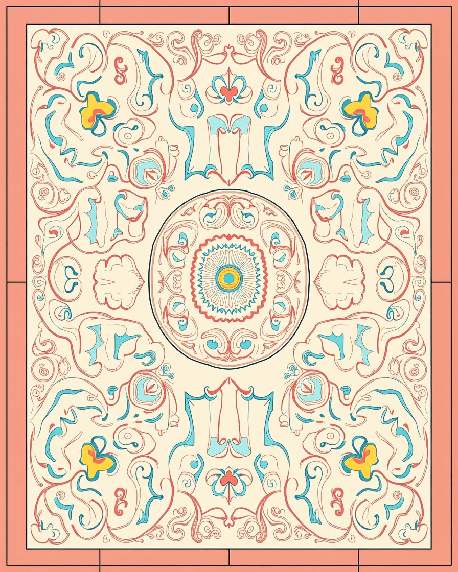 Cream Scrollwork Medallion Coral Yellow Rug
