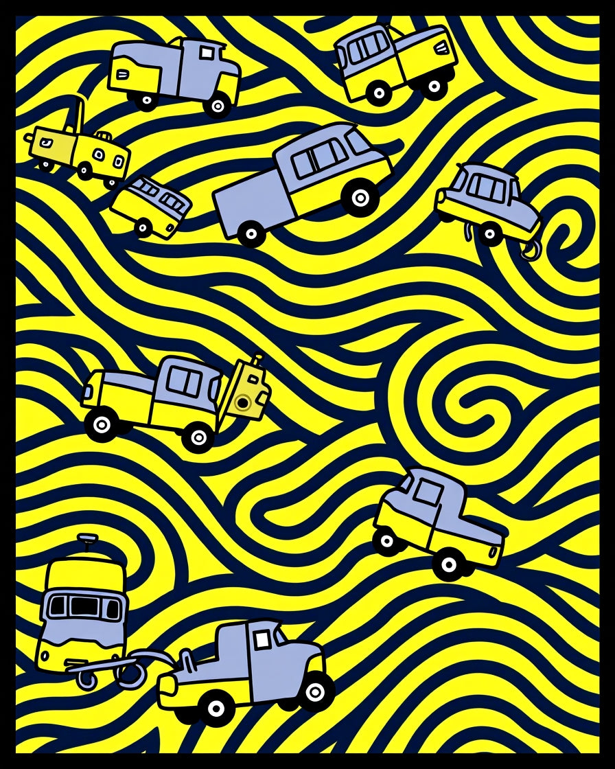 Yellow Blue Vehicles Wavy Background Rug
