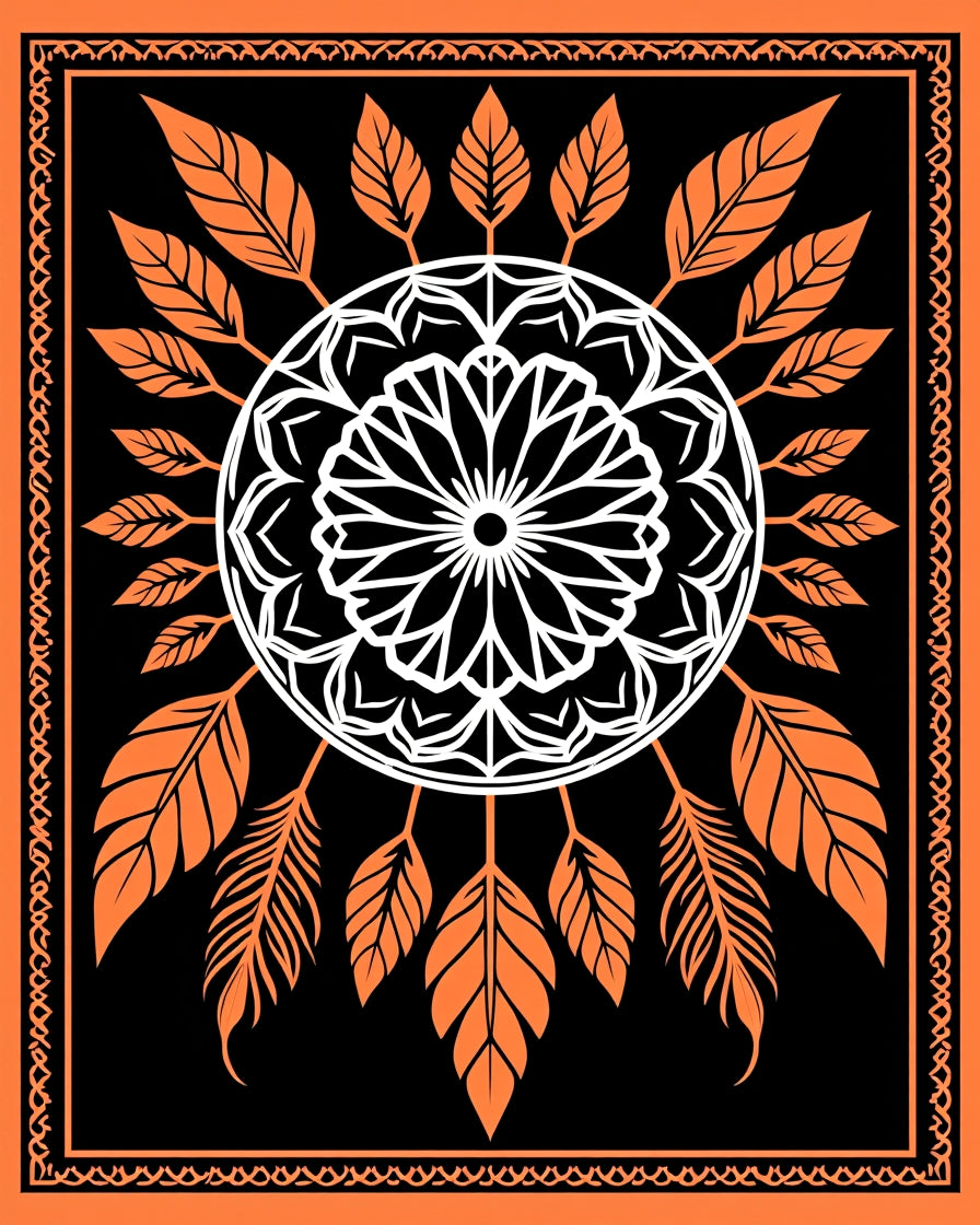 Orange White Floral Feather Mandala Rug