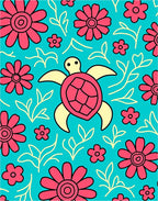 Aqua Pink Turtle Floral Whimsical Scene Rug