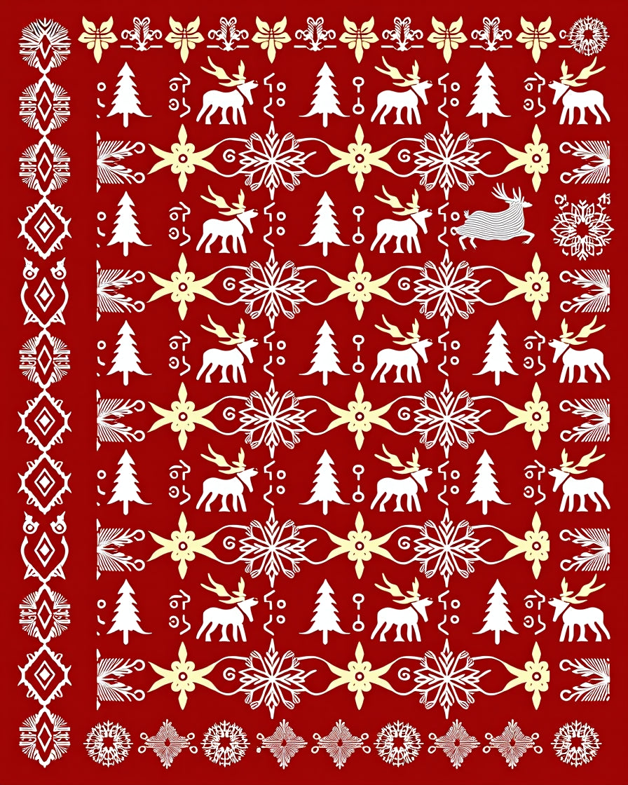 Red White Yellow Festive Reindeer Snowflakes Rug