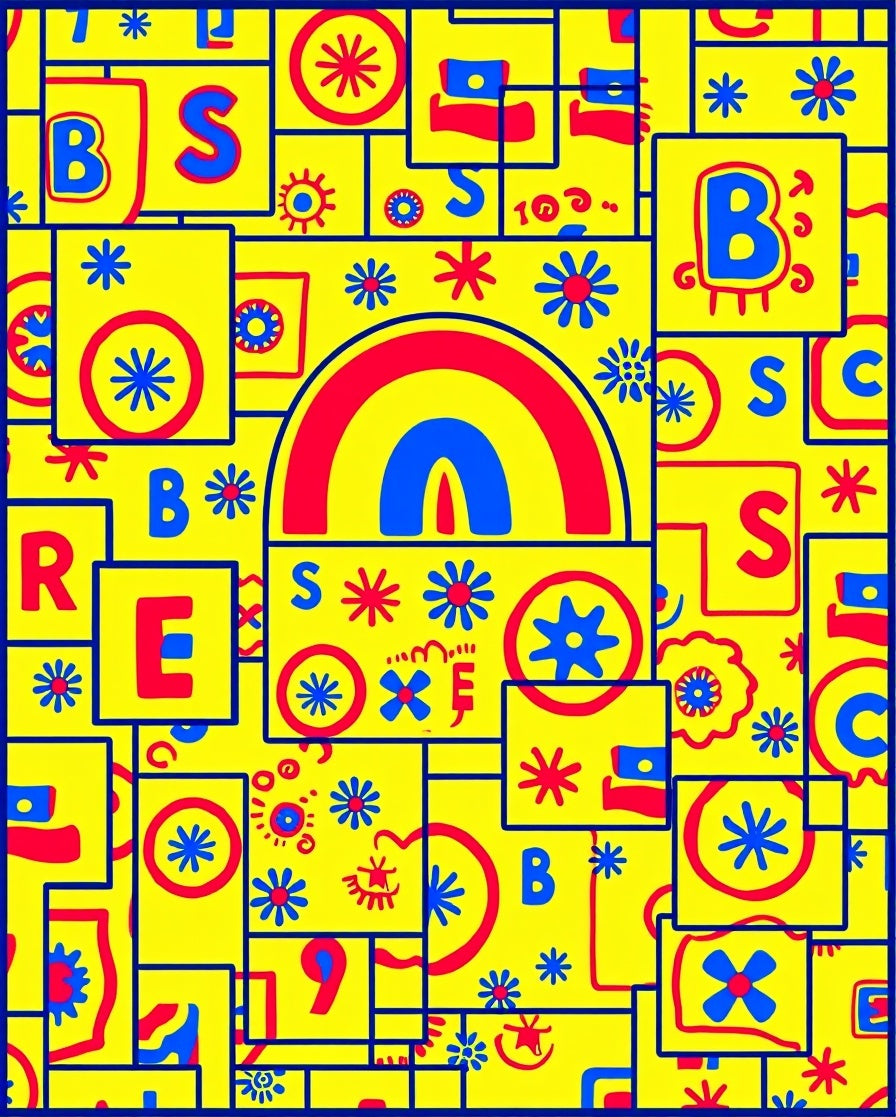 Primary Yellow Red Blue Abstract Collage Rug
