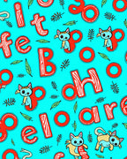 Red Letters Playful Kitties Turquoise Background Rug