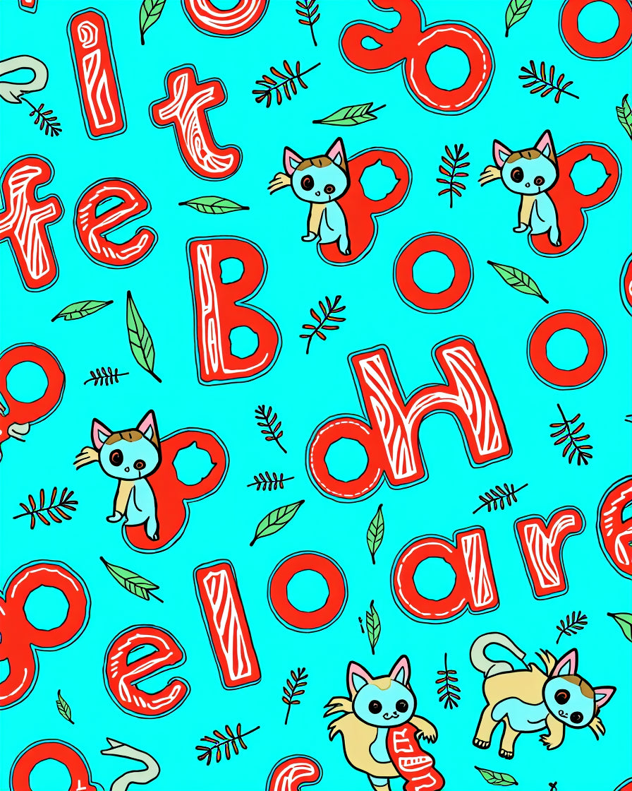 Red Letters Playful Kitties Turquoise Background Rug