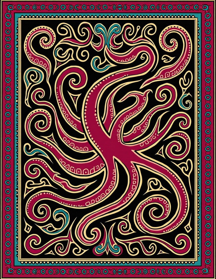Maroon Octopus Swirl Tribal Rug