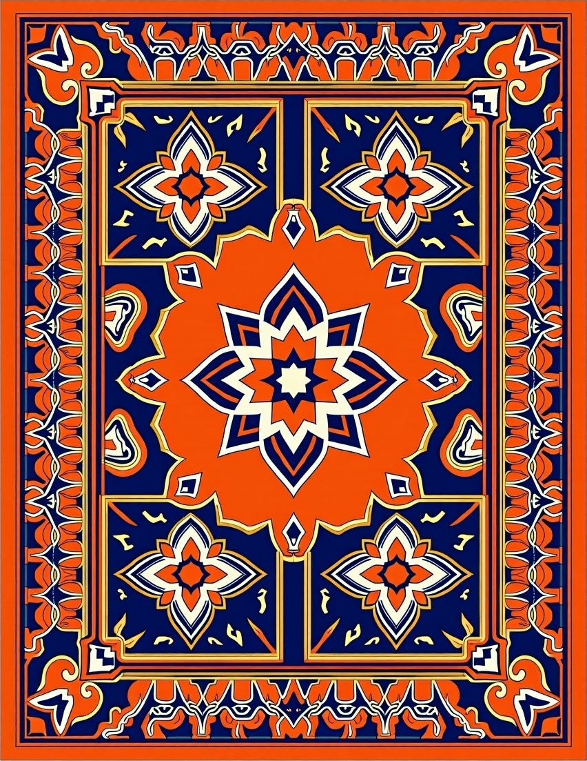 Vibrant Orange Cobalt Starburst Medallion Rug