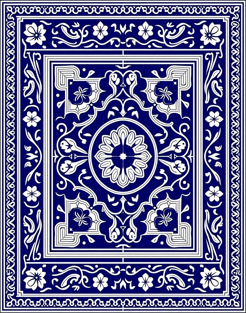 Cobalt Blue White Floral Medallion Laminate Rug