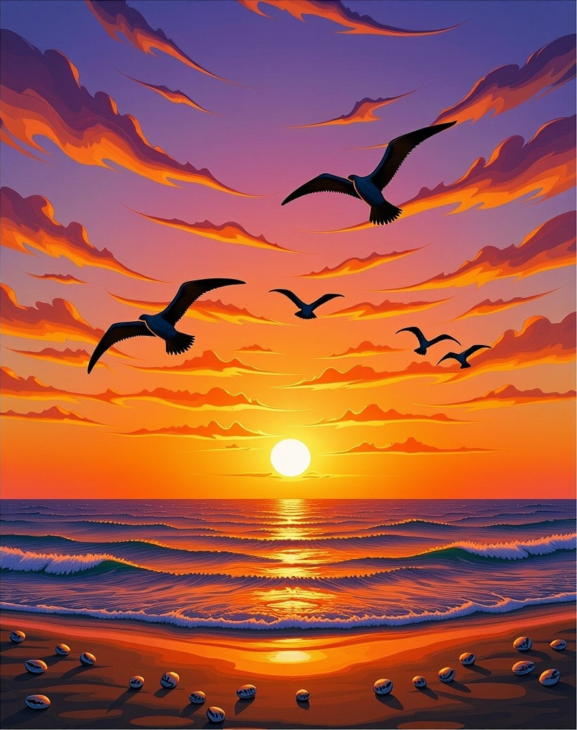 Fiery Sunset Seagulls Ocean Waves Rug